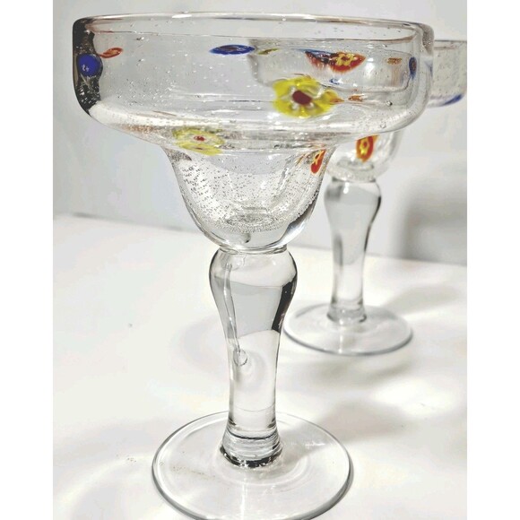 Crate & Barrel Zazz Millefiori Margarita Glasses Set of 2 Handblown Art Barware - Picture 2 of 9